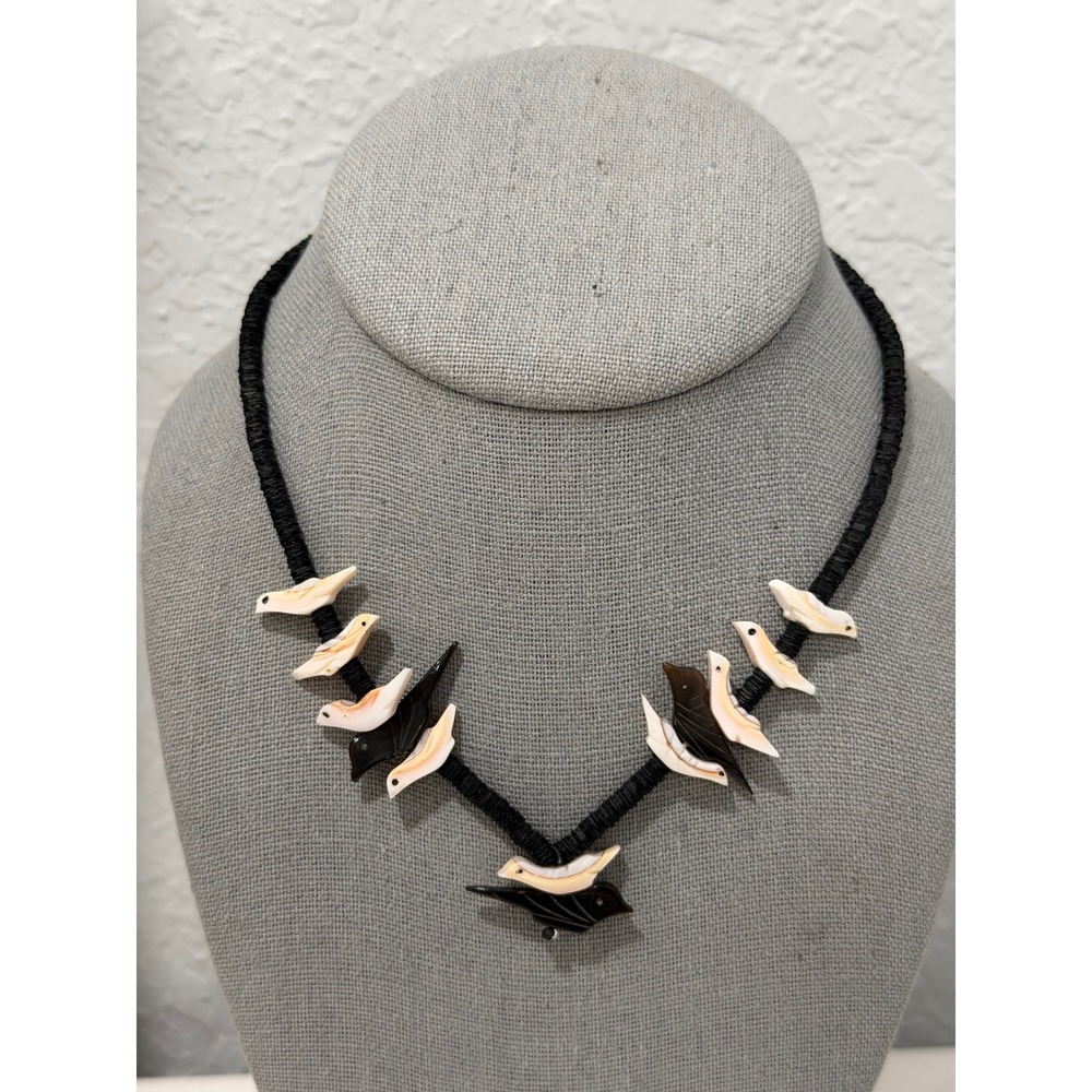 Heishi Black Beaded Bird Fetish Necklace Black Cream Shell 16"